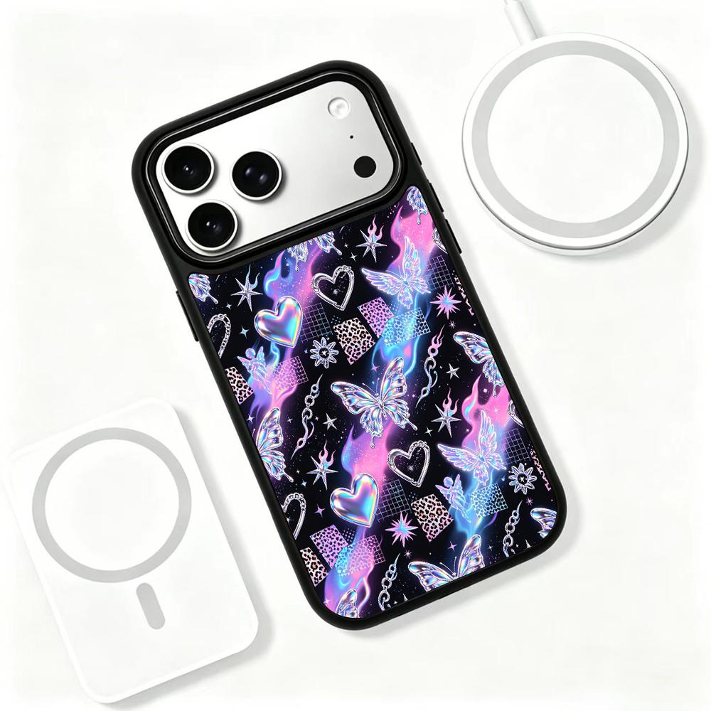 Compatible with iPhone 18 Pro Max & 17 Pro Max Colorful Painting PC Silicone Magnetic Phone Case - Flame Butterfly Mix
