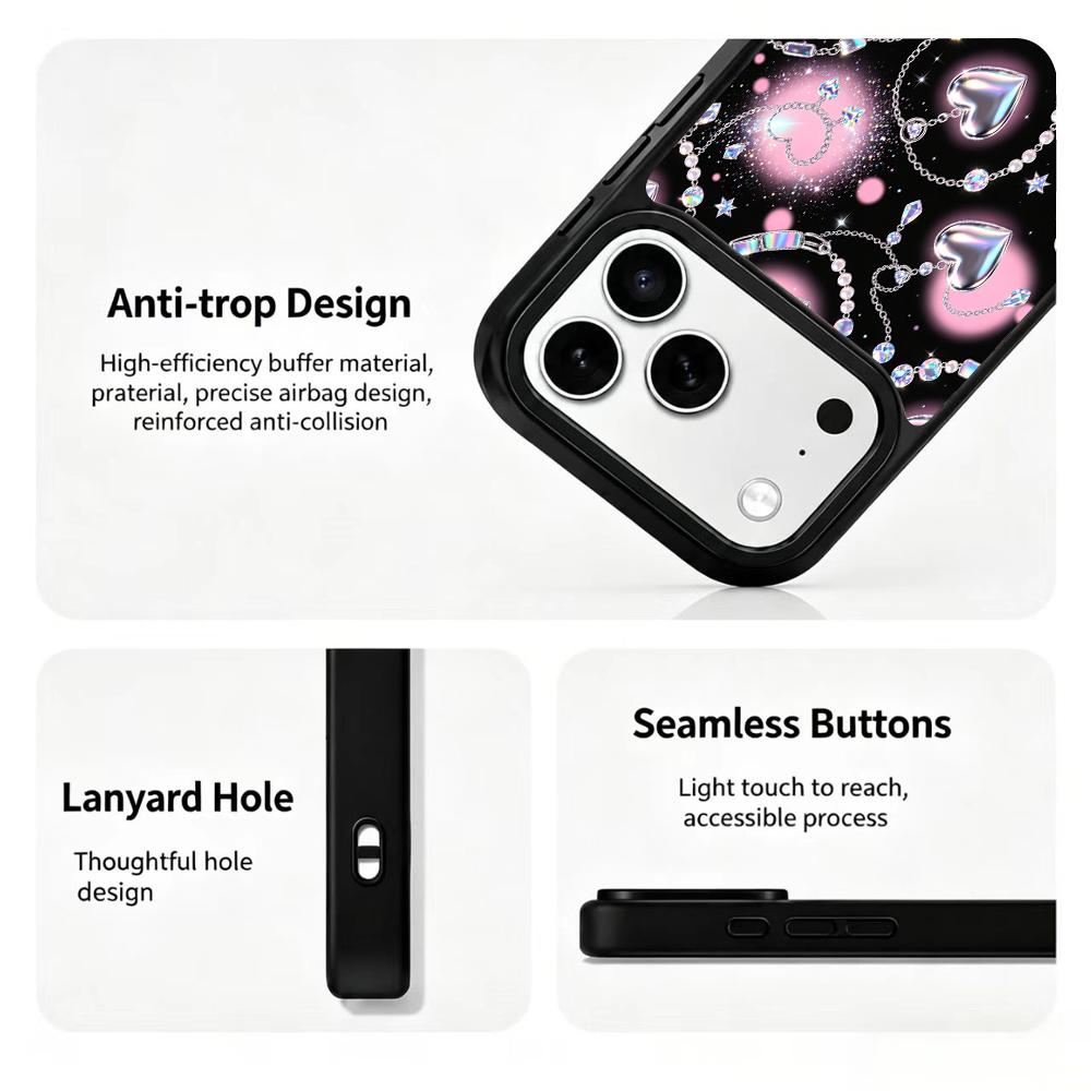 Compatible with iPhone 18 Pro Max & 17 Pro Max Colorful Painting PC Silicone Magnetic Phone Case - Soft Pink Pearlescent Chain Heart Pattern