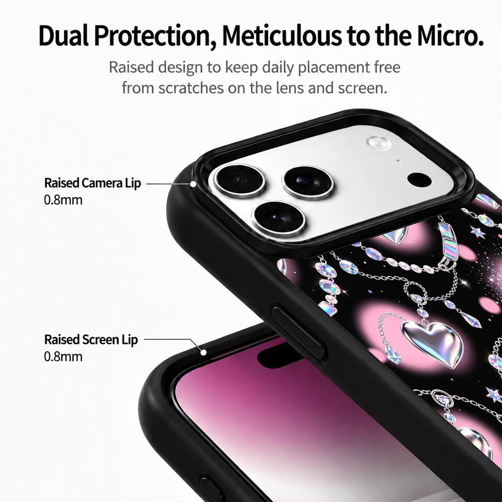 Compatible with iPhone 18 Pro Max & 17 Pro Max Colorful Painting PC Silicone Magnetic Phone Case - Soft Pink Pearlescent Chain Heart Pattern