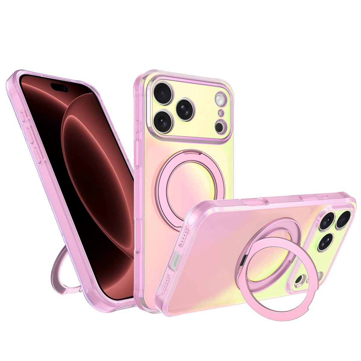 Compatible with iPhone 18 Pro Iris Mirror Magnetic Ring Holder Phone Case - Pink