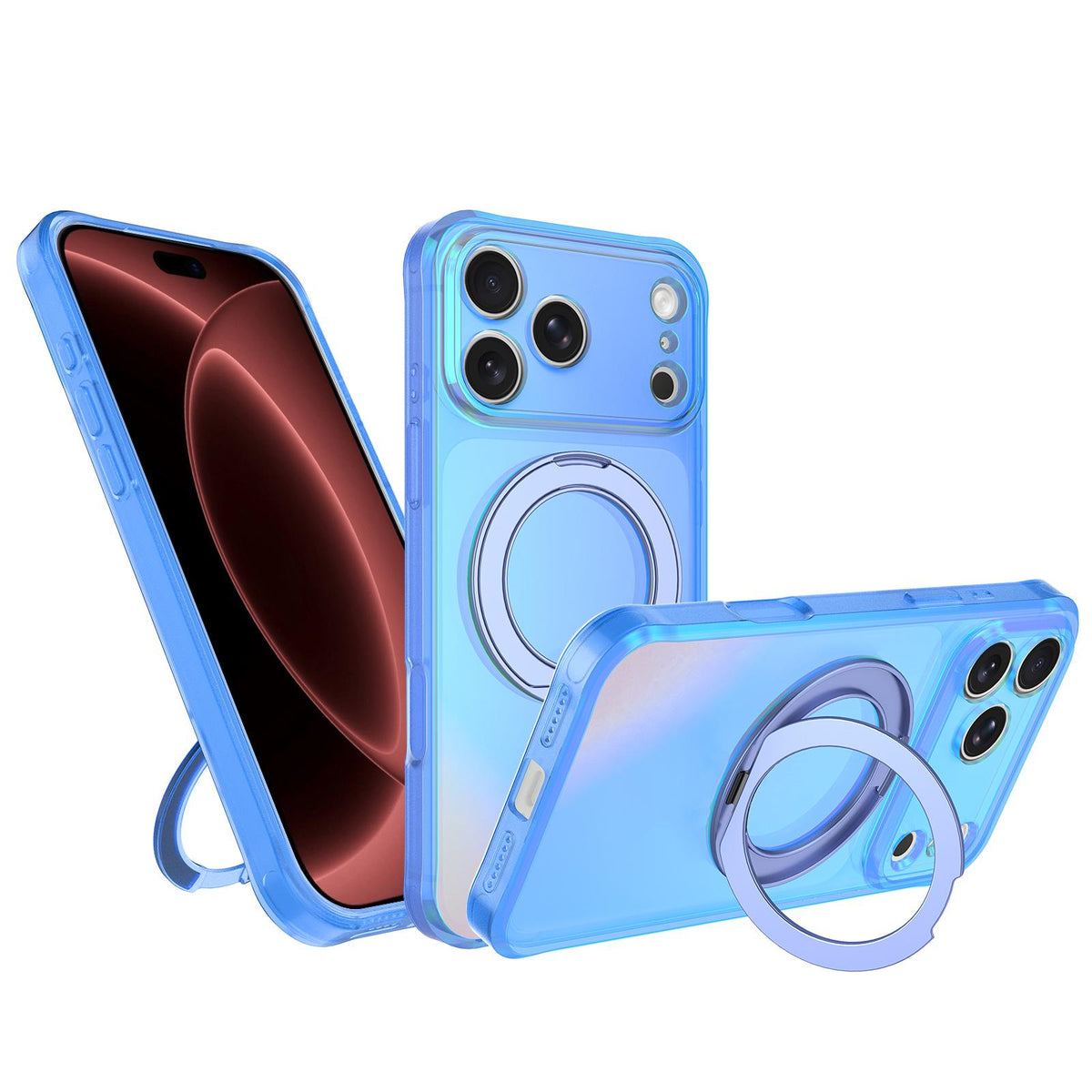 Compatible with iPhone 18 Pro Max Iris Mirror Magnetic Ring Holder Phone Case - Ice Blue