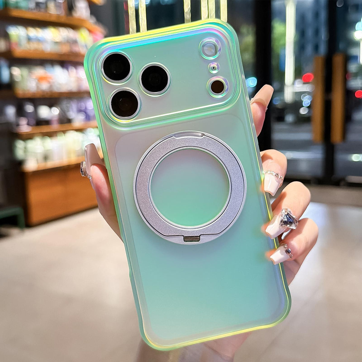 Compatible with iPhone 18 Pro Max Iris Mirror Magnetic Ring Holder Phone Case - Lime