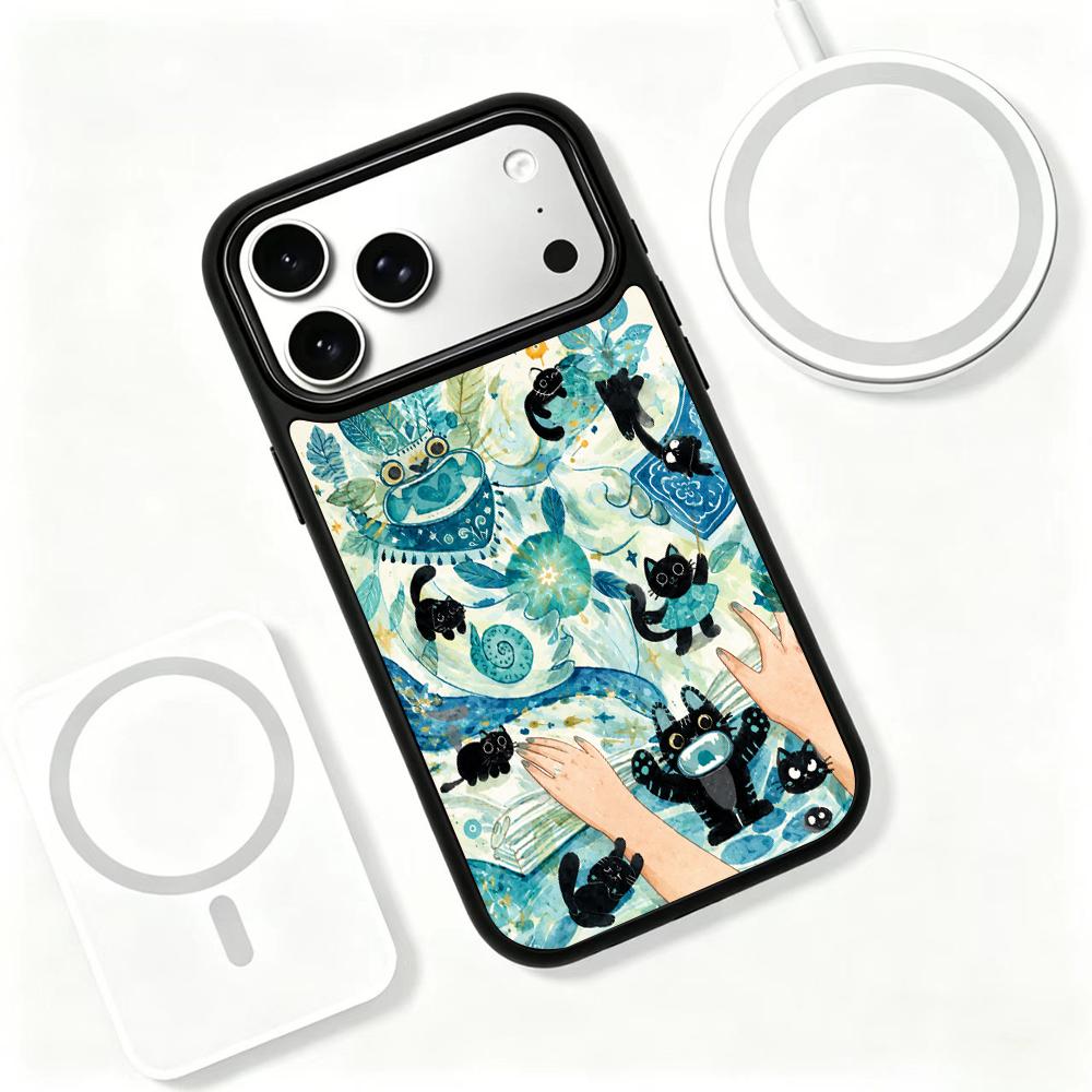 Compatible with iPhone 18 Pro & 17 Pro Water Series PC Silicone Magnetic Phone Case - Aqua Black Cat