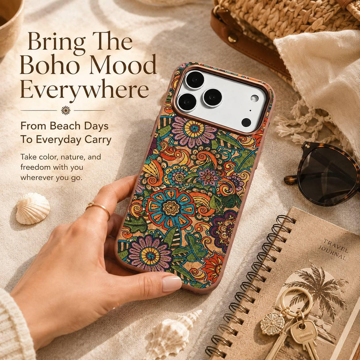 Compatible with iPhone 18 Pro Max Denior Vintage Boho Embroidery Style Magnetic Protective Phone Case - Orange