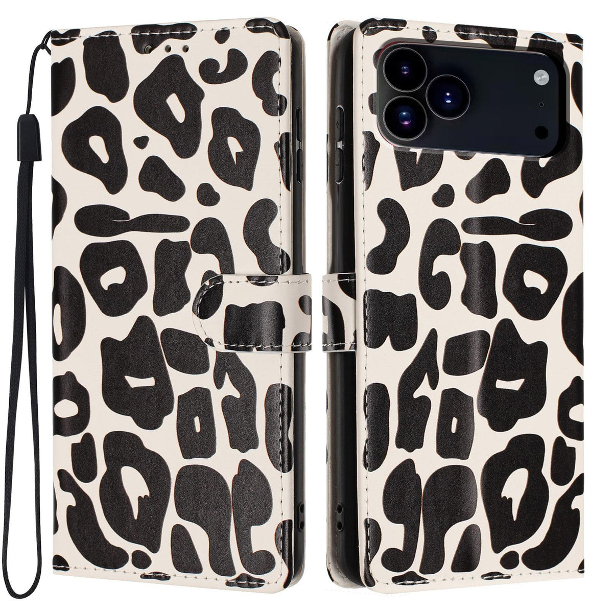 Compatible with iPhone 18 Pro Max Leopard Print Wallet Vegan Leather Phone Case with Lanyard - Black