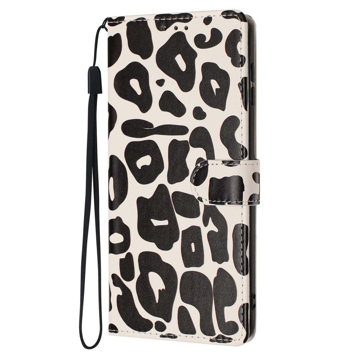Compatible with iPhone 18 Pro Max Leopard Print Wallet Vegan Leather Phone Case with Lanyard - Black