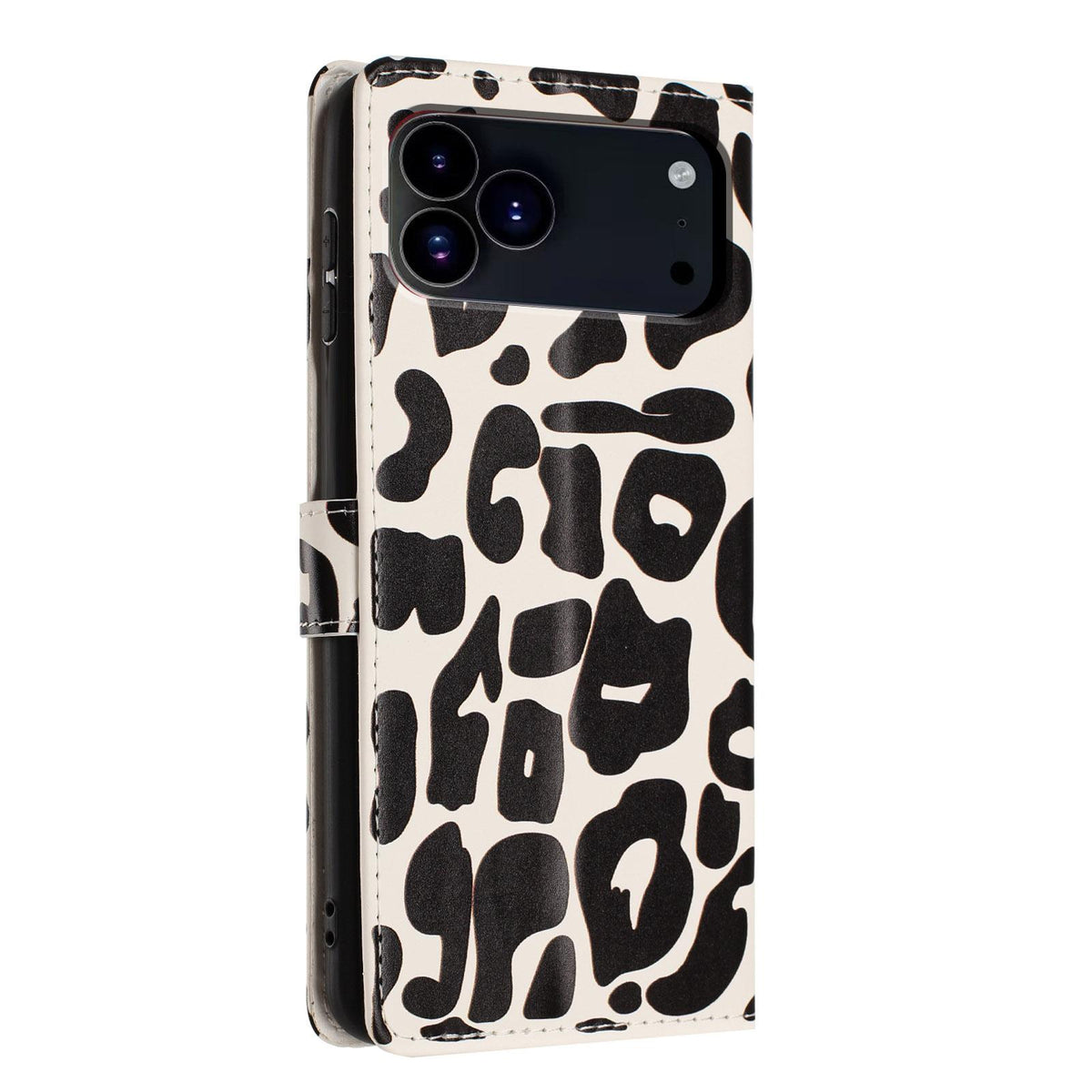Compatible with iPhone 18 Pro Max Leopard Print Wallet Vegan Leather Phone Case with Lanyard - Black