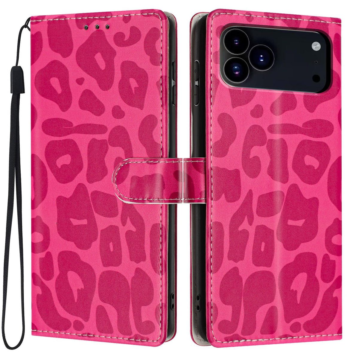 Compatible with iPhone 18 Pro Max Leopard Print Wallet Vegan Leather Phone Case with Lanyard - Rose Red