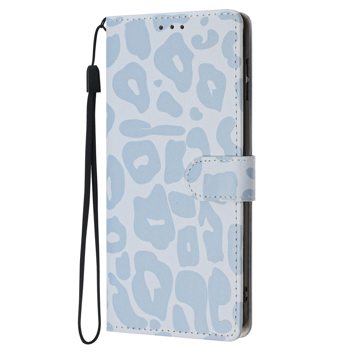 Compatible with iPhone 18 Pro Leopard Print Wallet Vegan Leather Phone Case with Lanyard - Sky Blue