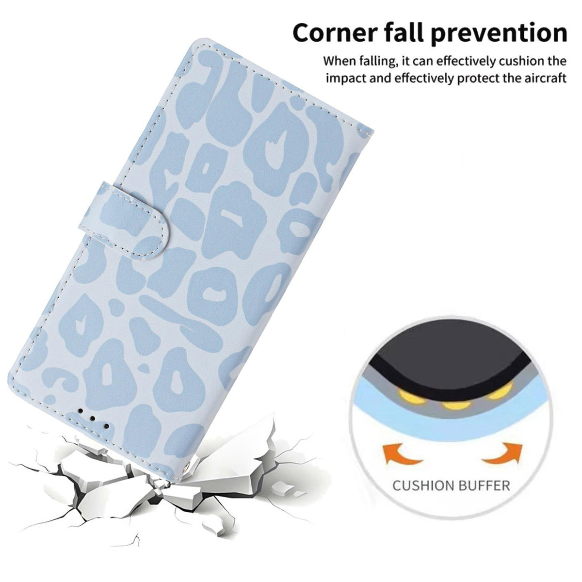 Compatible with iPhone 18 Pro Leopard Print Wallet Vegan Leather Phone Case with Lanyard - Sky Blue
