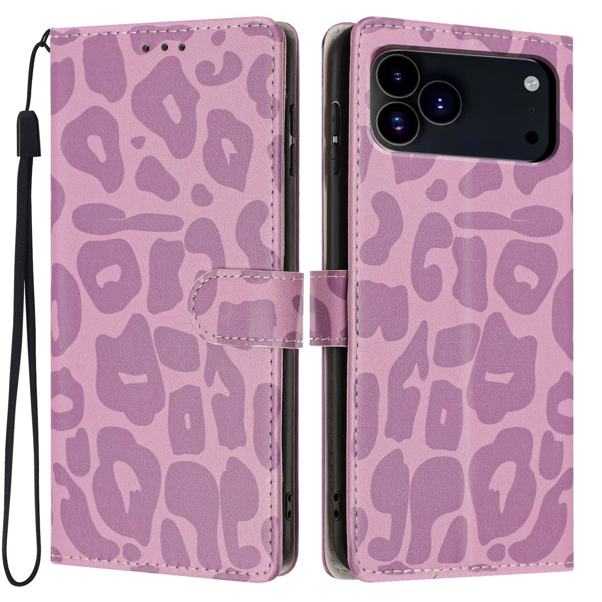 Compatible with iPhone 18 Pro Leopard Print Wallet Vegan Leather Phone Case with Lanyard - Light Purple