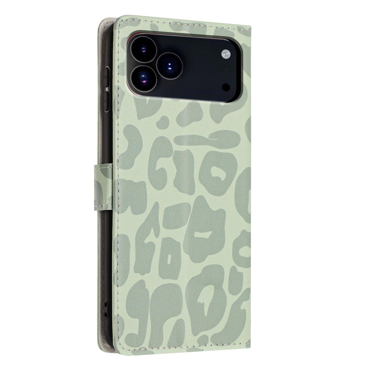 Compatible with iPhone 18 Pro Leopard Print Wallet Vegan Leather Phone Case with Lanyard - Light Green