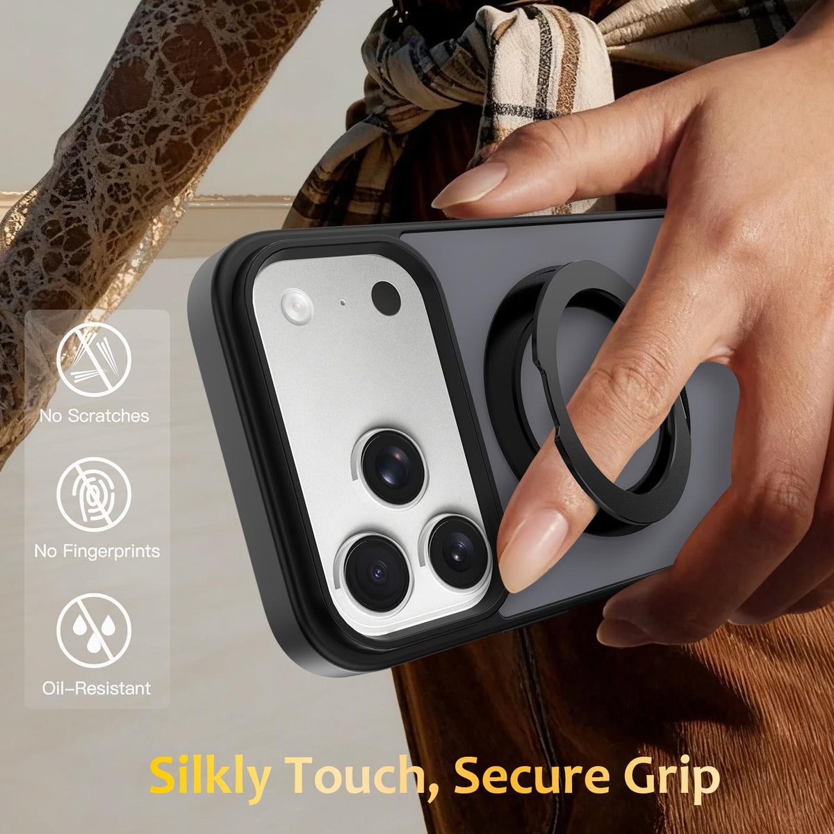 Compatible with iPhone 18 Pro Max Skin Feel Revolving Kickstand Magnetic Phone Case - Black