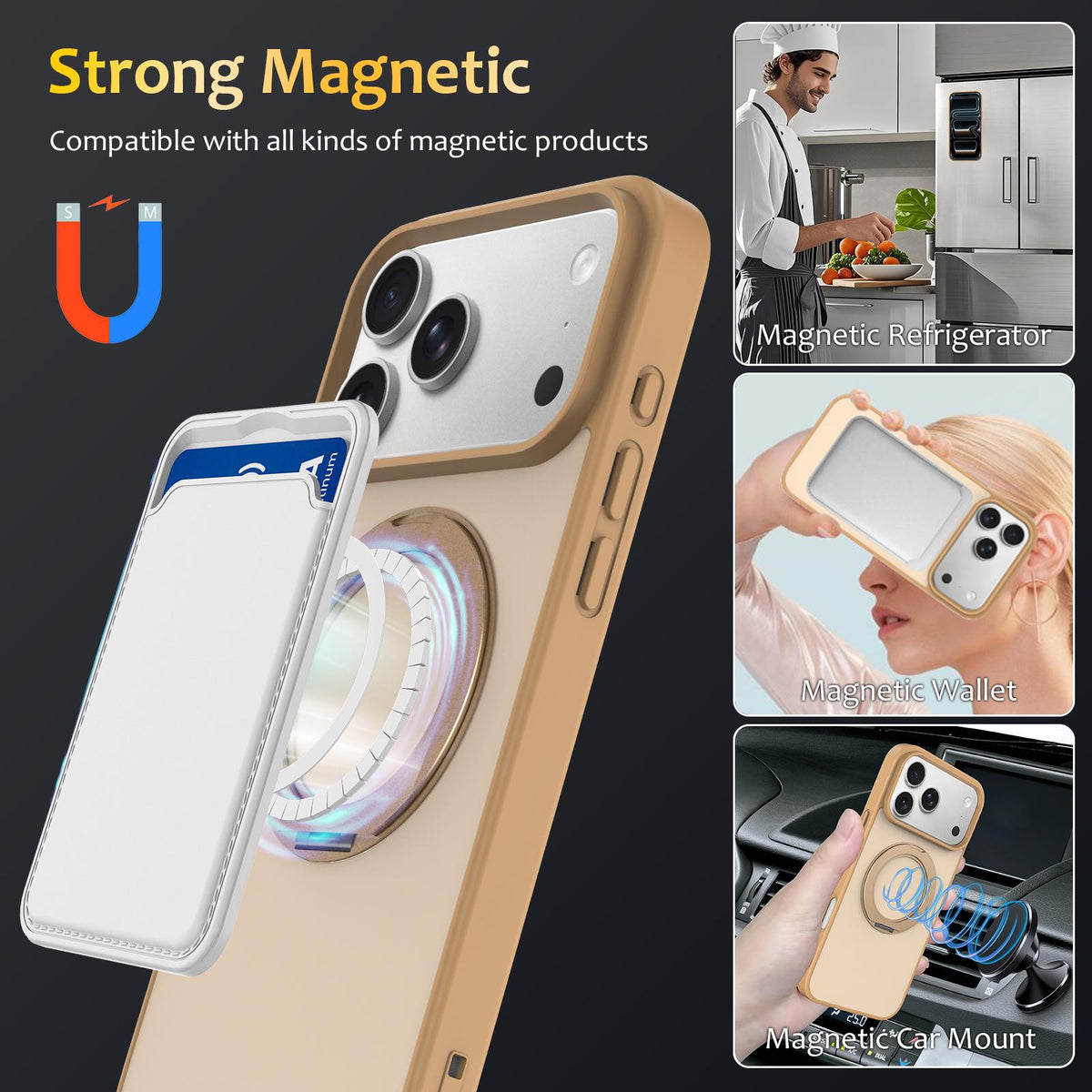 Compatible with iPhone 18 Pro Max Skin Feel Revolving Kickstand Magnetic Phone Case - Gold
