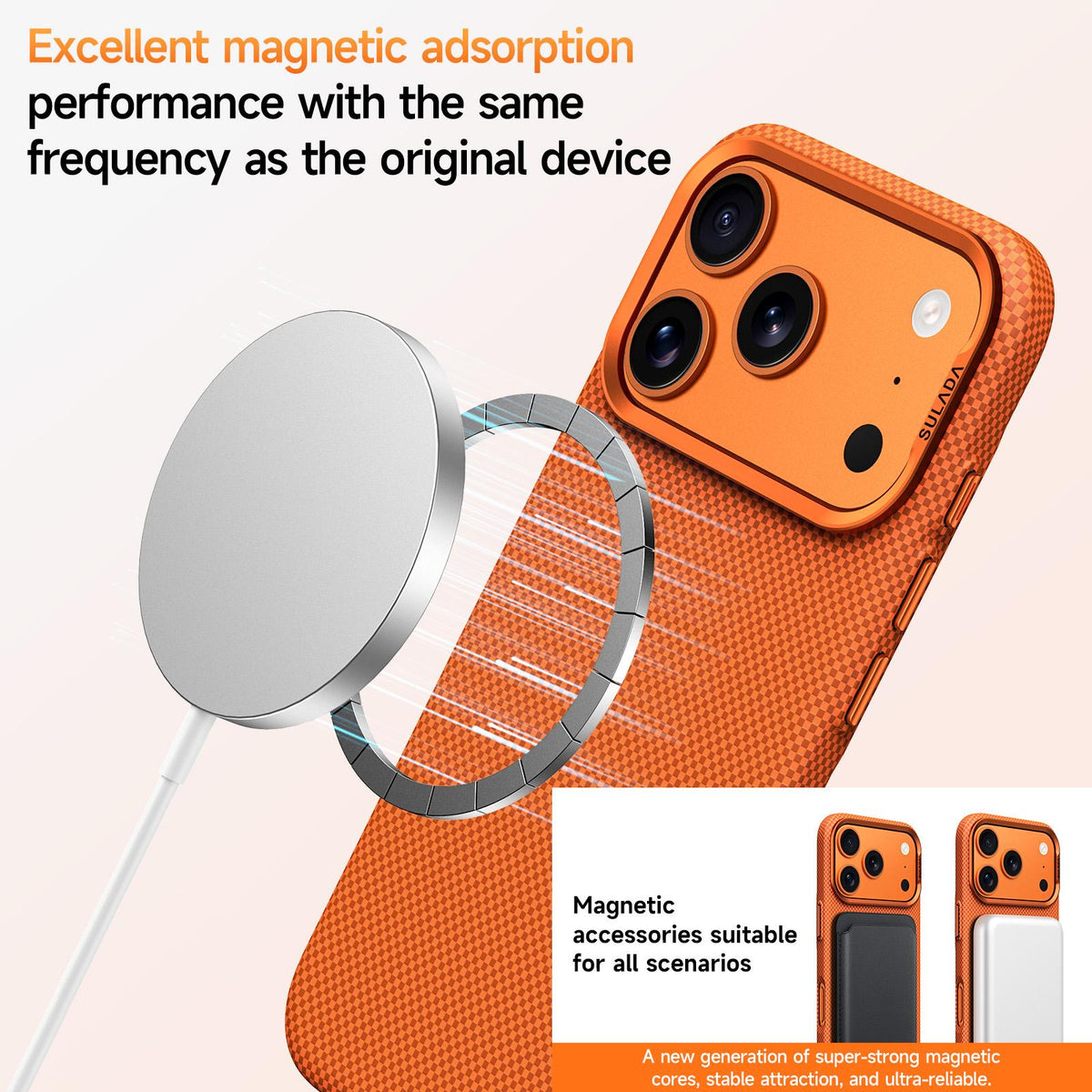 Compatible with iPhone 18 Pro Max SULADA Kevlar Grid Patterned Skin Feel Magnetic Phone Case - Orange