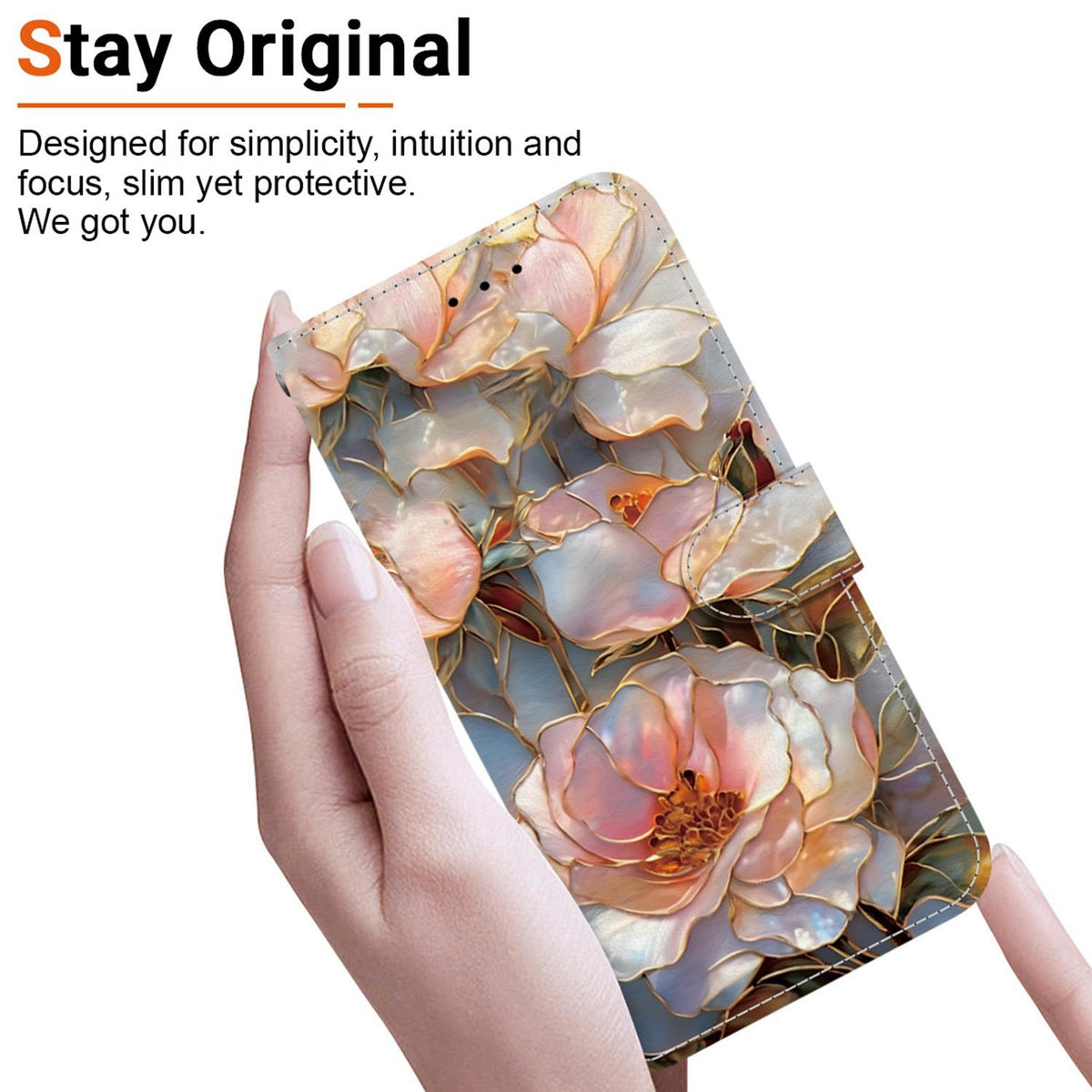Compatible with iPhone 18 Pro Crystal-Texture Painted Vegan Leather Phone Case - Gilded Peony