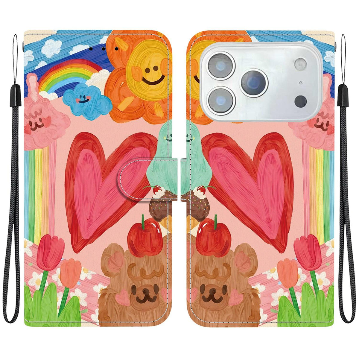 Compatible with iPhone 18 Pro Crystal-Texture Painted Vegan Leather Phone Case - Rainbow Sweetheart