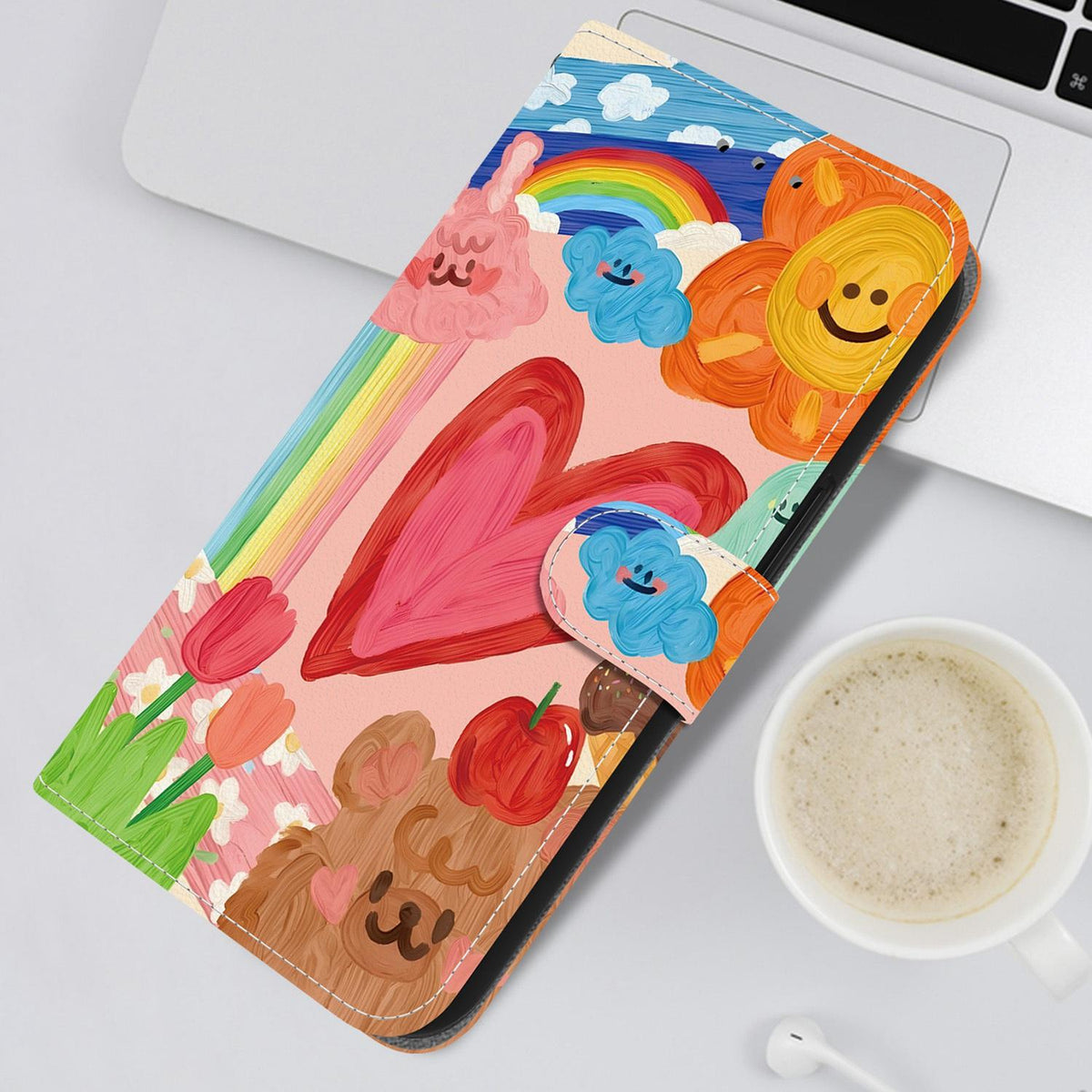 Compatible with iPhone 18 Pro Crystal-Texture Painted Vegan Leather Phone Case - Rainbow Sweetheart