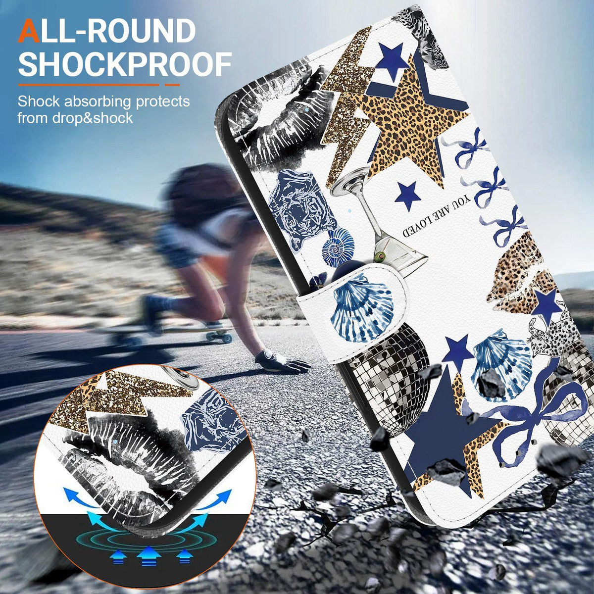 Compatible with iPhone 18 Pro Crystal-Texture Painted Vegan Leather Phone Case - Leopard Star Butterfly