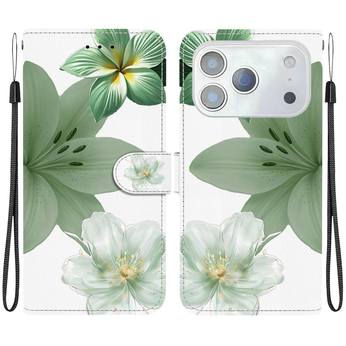 Compatible with iPhone 18 Pro Max Crystal-Texture Painted Vegan Leather Phone Case - Green Lily