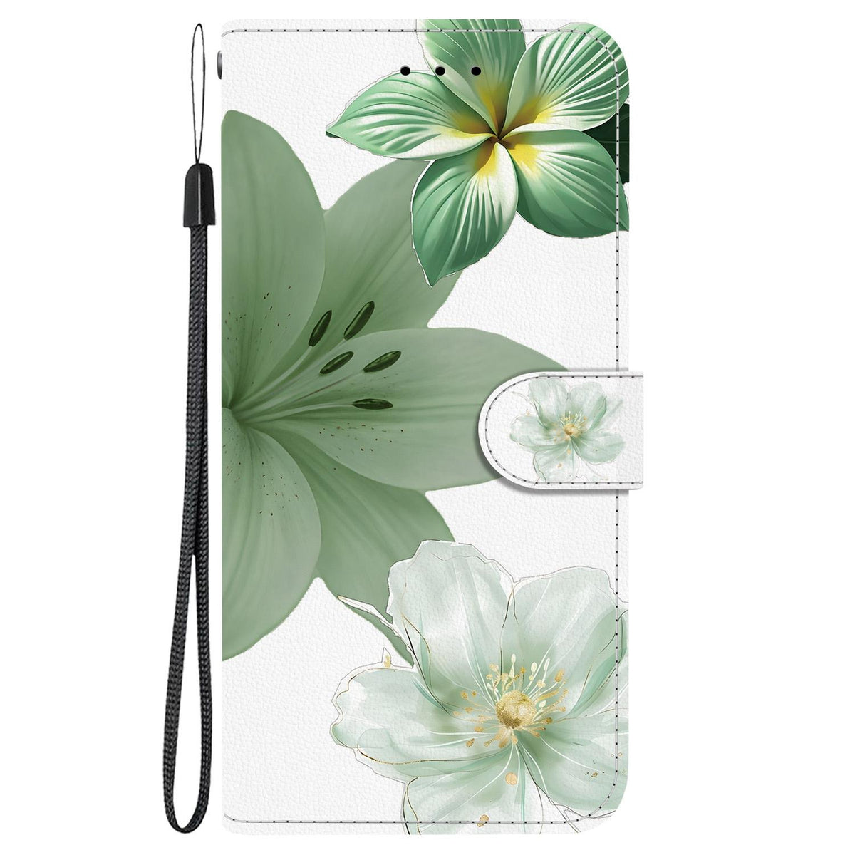 Compatible with iPhone 18 Pro Max Crystal-Texture Painted Vegan Leather Phone Case - Green Lily