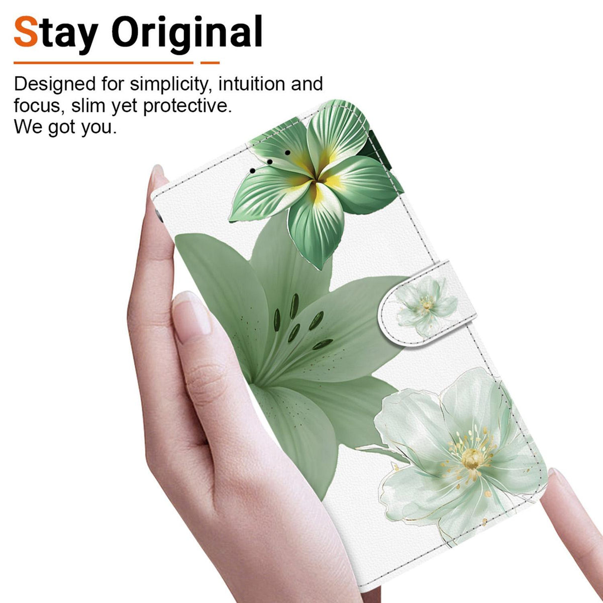 Compatible with iPhone 18 Pro Max Crystal-Texture Painted Vegan Leather Phone Case - Green Lily