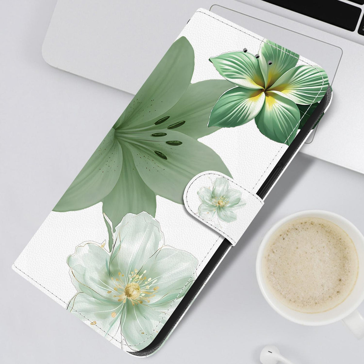 Compatible with iPhone 18 Pro Max Crystal-Texture Painted Vegan Leather Phone Case - Green Lily