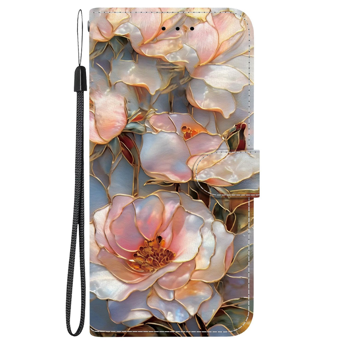 Compatible with iPhone 18 Pro Max Crystal-Texture Painted Vegan Leather Phone Case - Gilded Peony