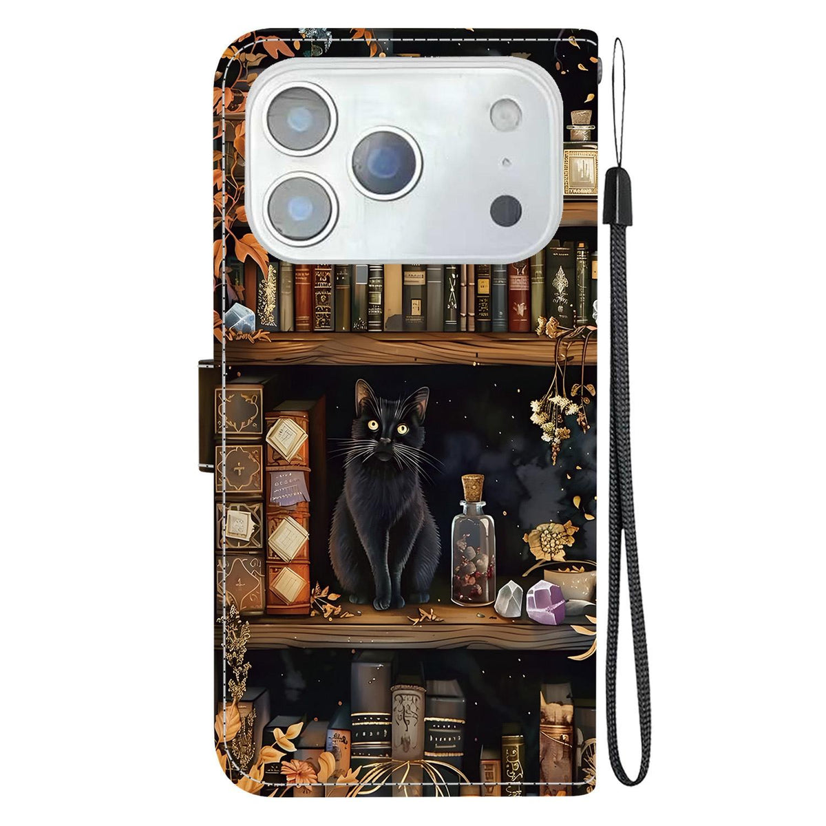 Compatible with iPhone 18 Pro Max Crystal-Texture Painted Vegan Leather Phone Case - Bookstore Black Cat