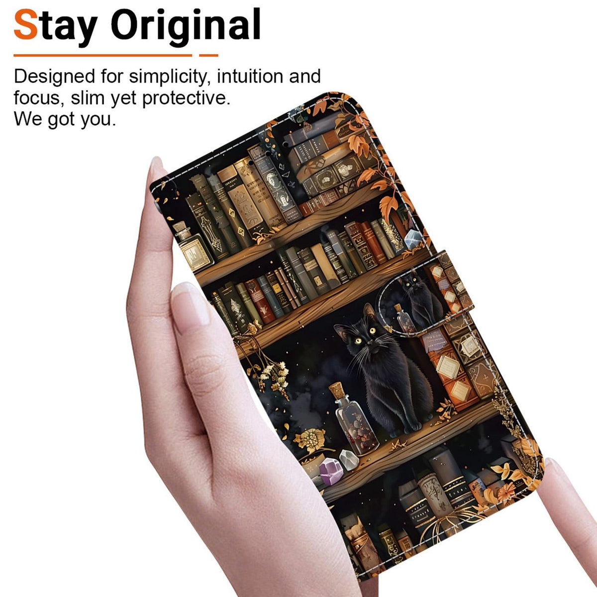 Compatible with iPhone 18 Pro Max Crystal-Texture Painted Vegan Leather Phone Case - Bookstore Black Cat
