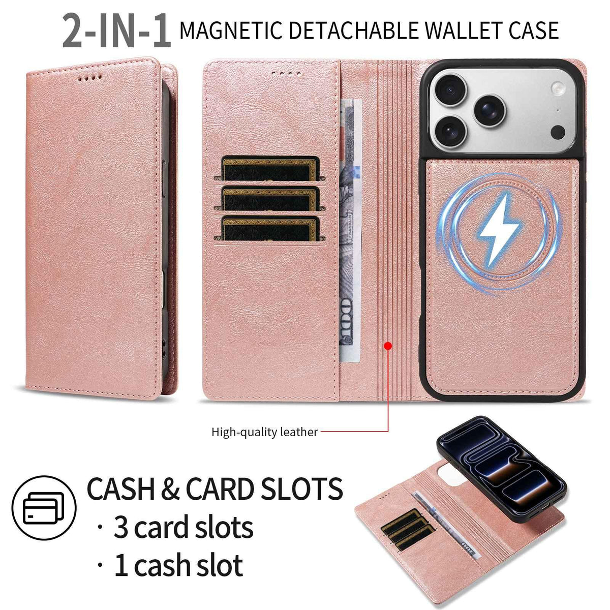 Compatible with iPhone 18 Pro Max Cowhide Leather Texture RFID Detachable 2 in 1 Magnetic Vegan Leather Phone Case - Rose Gold