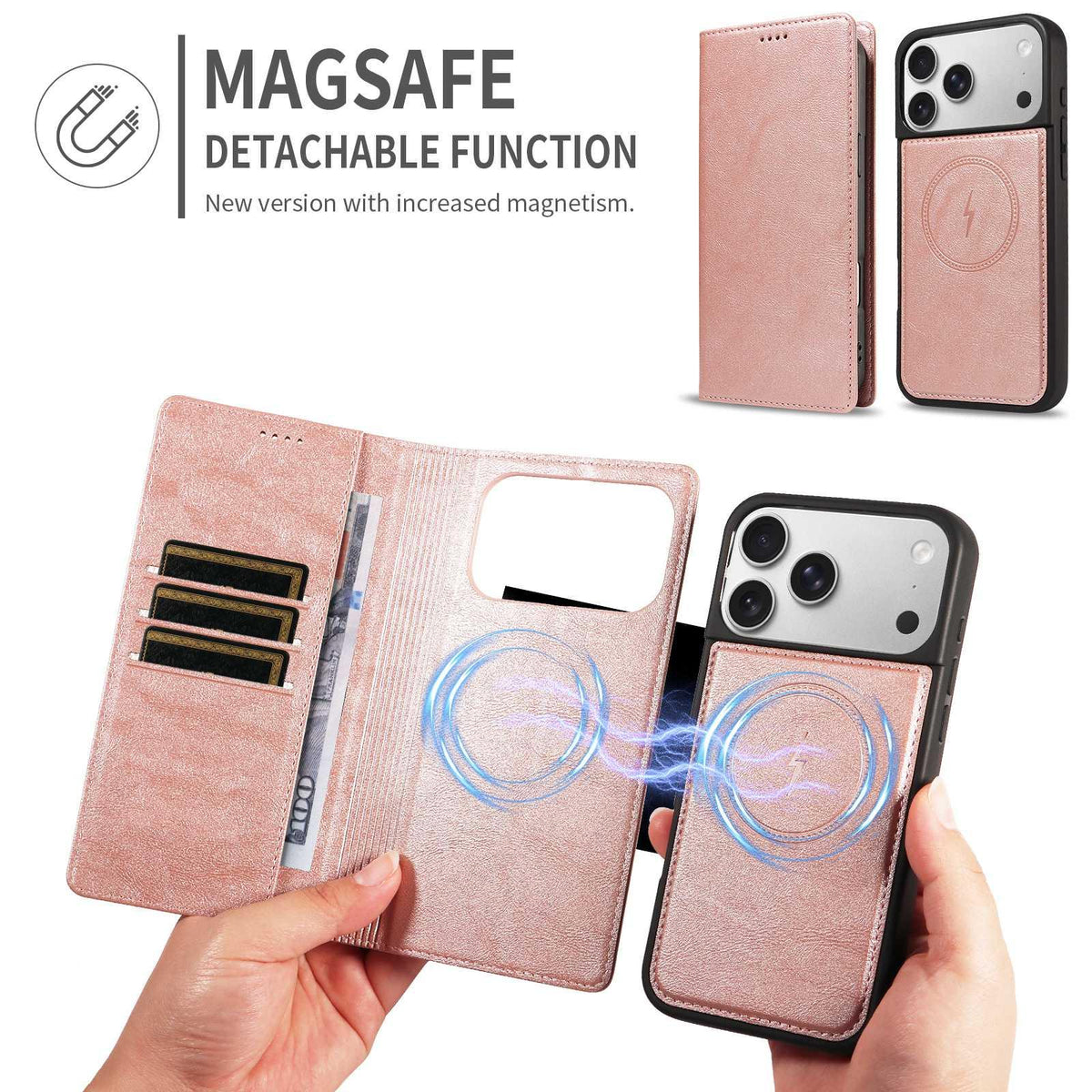 Compatible with iPhone 18 Pro Max Cowhide Leather Texture RFID Detachable 2 in 1 Magnetic Vegan Leather Phone Case - Rose Gold