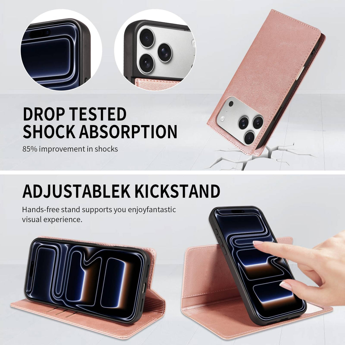 Compatible with iPhone 18 Pro Max Cowhide Leather Texture RFID Detachable 2 in 1 Magnetic Vegan Leather Phone Case - Rose Gold