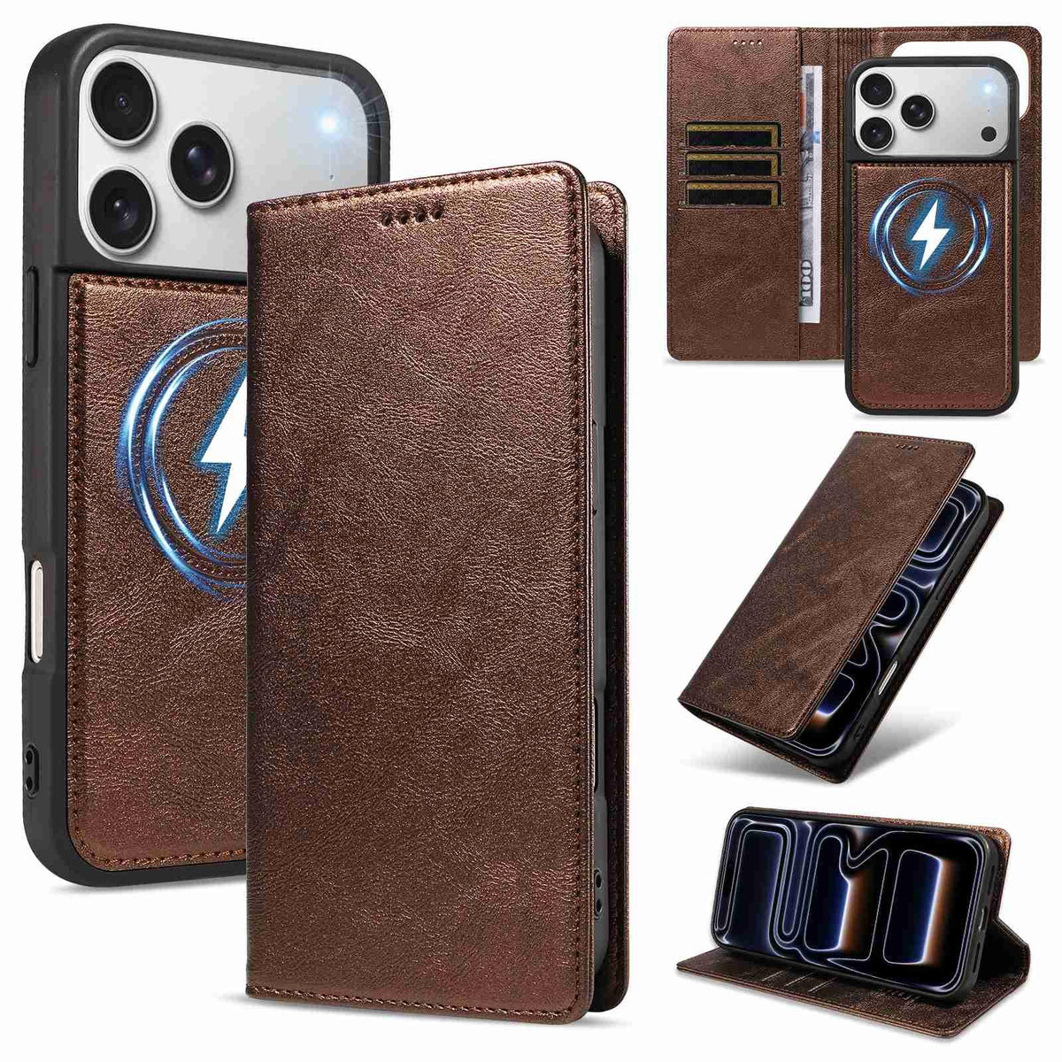 Compatible with iPhone 18 Pro Max Cowhide Leather Texture RFID Detachable 2 in 1 Magnetic Vegan Leather Phone Case - Brown