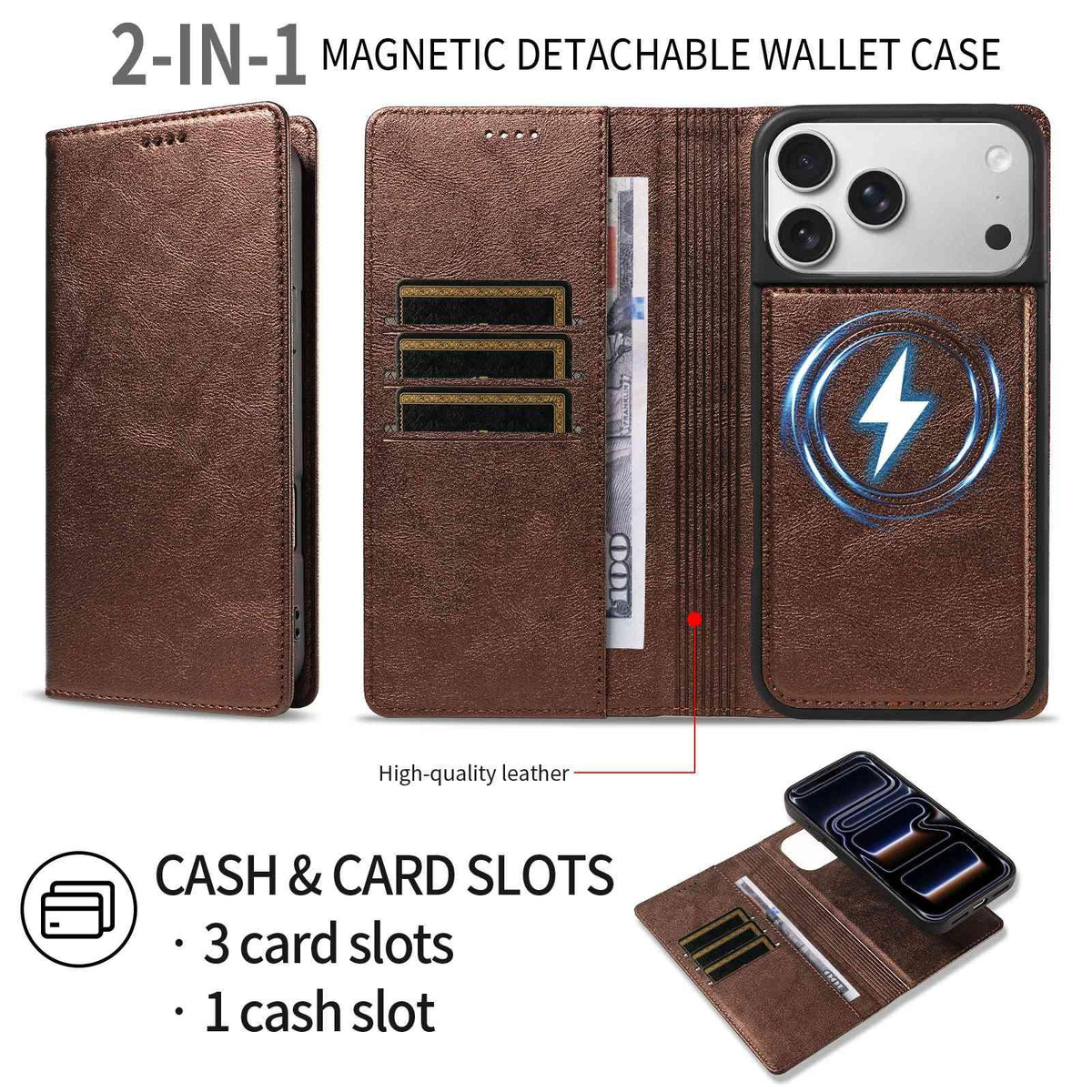 Compatible with iPhone 18 Pro Max Cowhide Leather Texture RFID Detachable 2 in 1 Magnetic Vegan Leather Phone Case - Brown