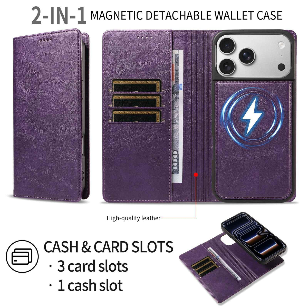 Compatible with iPhone 18 Pro Max Cowhide Leather Texture RFID Detachable 2 in 1 Magnetic Vegan Leather Phone Case - Purple