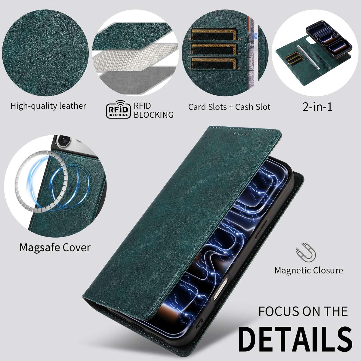 Compatible with iPhone 18 Pro Max Cowhide Leather Texture RFID Detachable 2 in 1 Magnetic Vegan Leather Phone Case - Green