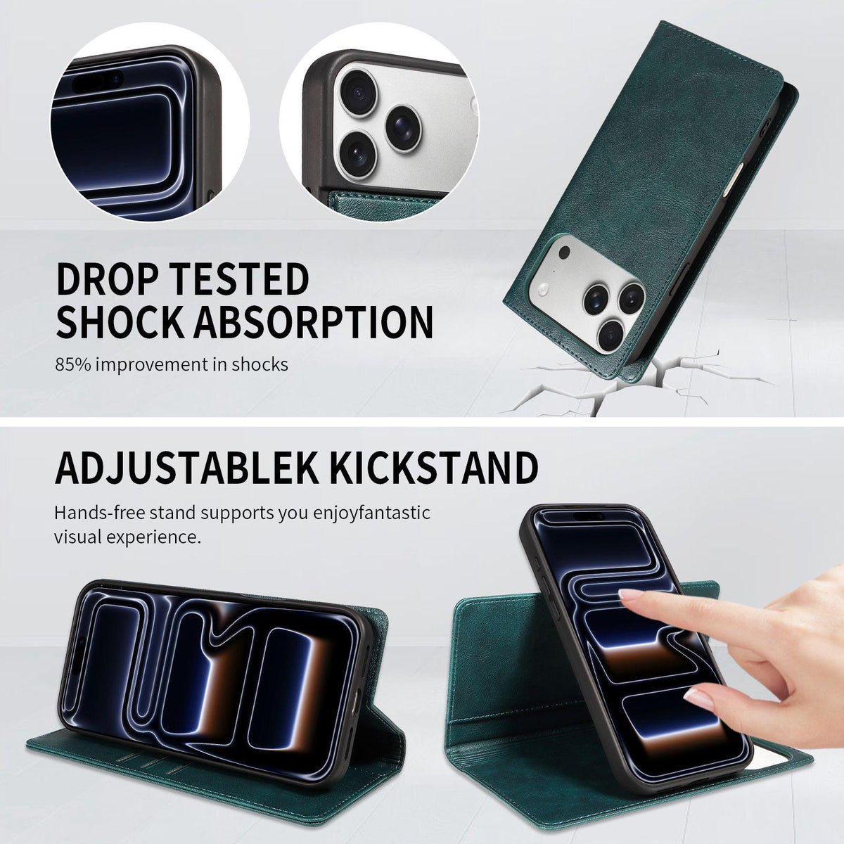 Compatible with iPhone 18 Pro Max Cowhide Leather Texture RFID Detachable 2 in 1 Magnetic Vegan Leather Phone Case - Green