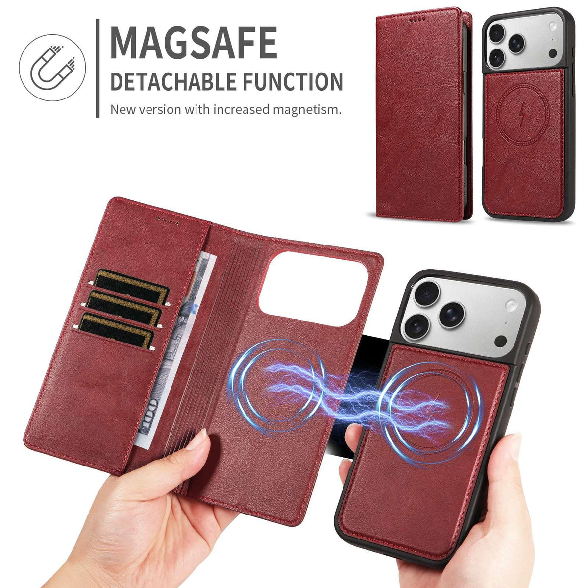Compatible with iPhone 18 Pro Max Cowhide Leather Texture RFID Detachable 2 in 1 Magnetic Vegan Leather Phone Case - Red