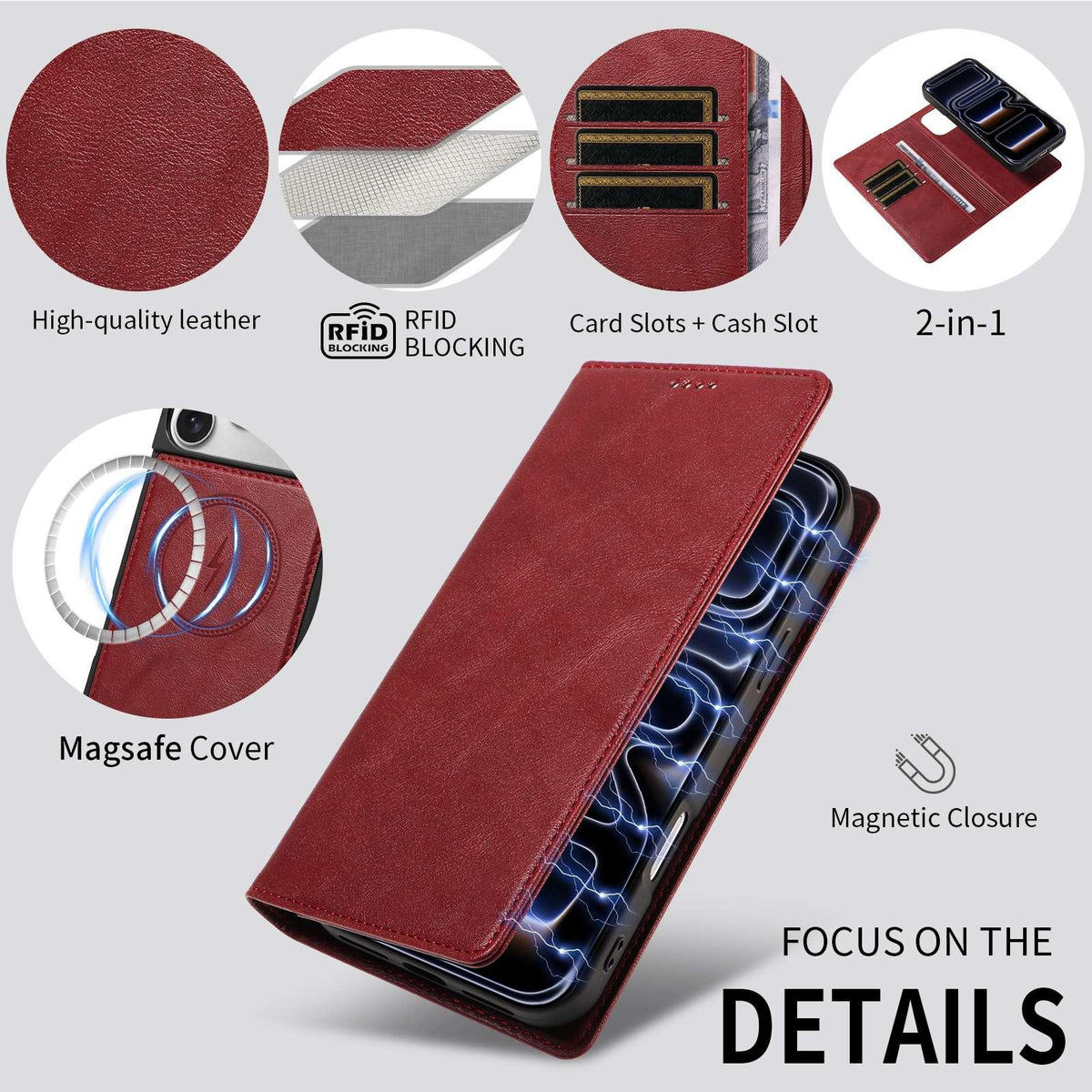 Compatible with iPhone 18 Pro Max Cowhide Leather Texture RFID Detachable 2 in 1 Magnetic Vegan Leather Phone Case - Red
