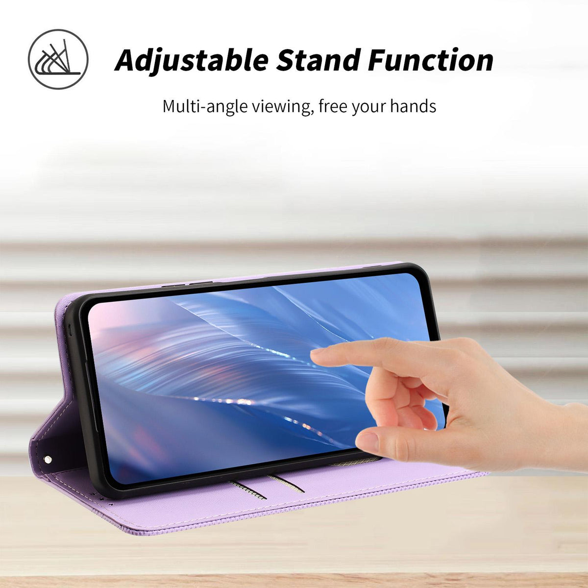 Compatible with iPhone 18 Pro Embossed Meander Pattern RFID Vegan Leather Phone Case - Light Purple