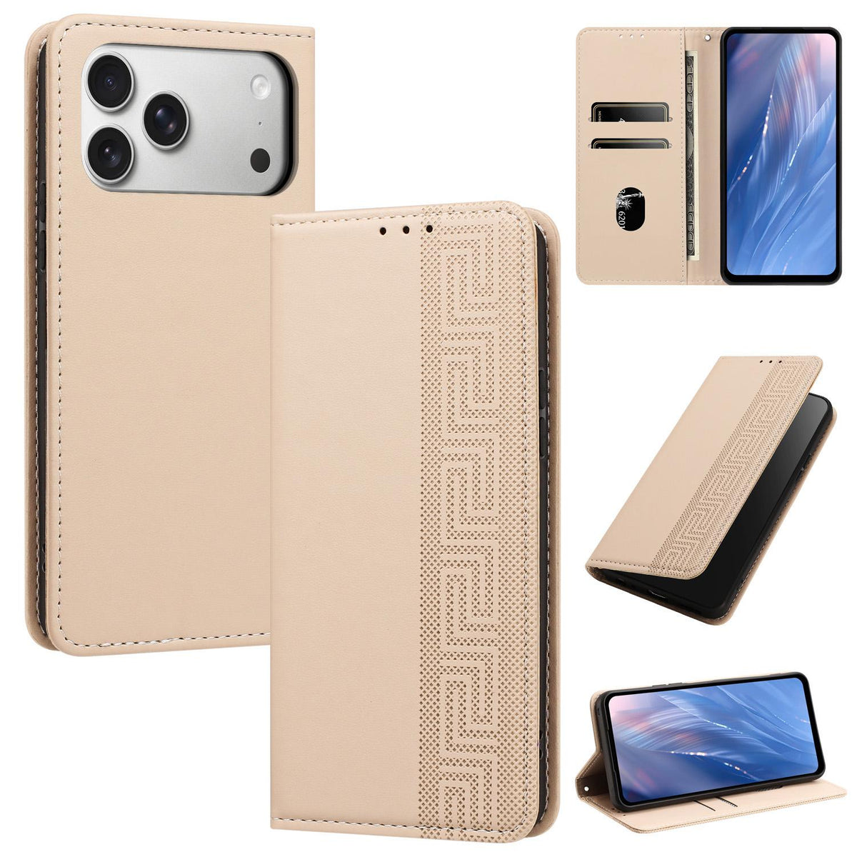 Compatible with iPhone 18 Pro Embossed Meander Pattern RFID Vegan Leather Phone Case - Beige