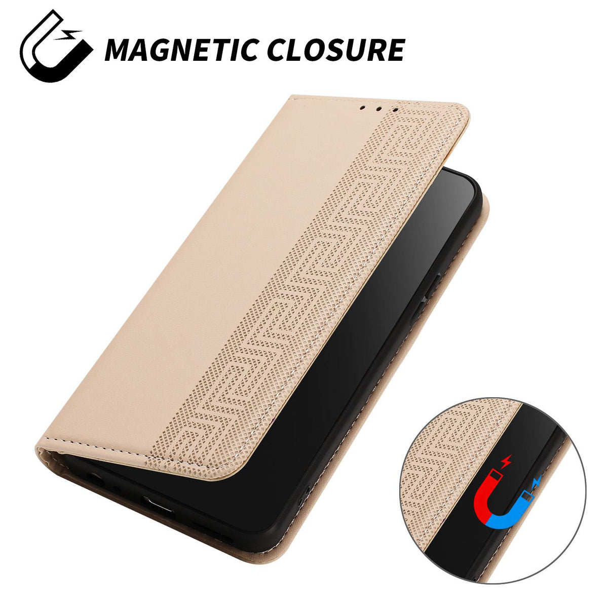 Compatible with iPhone 18 Pro Embossed Meander Pattern RFID Vegan Leather Phone Case - Beige