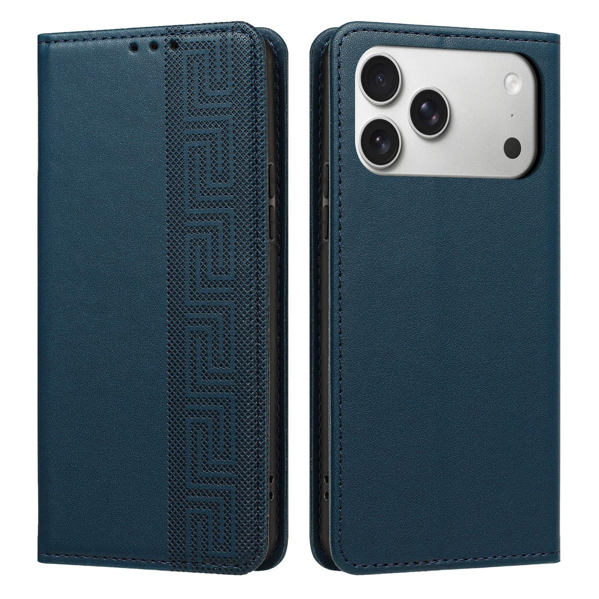 Compatible with iPhone 18 Pro Embossed Meander Pattern RFID Vegan Leather Phone Case - Dark Blue