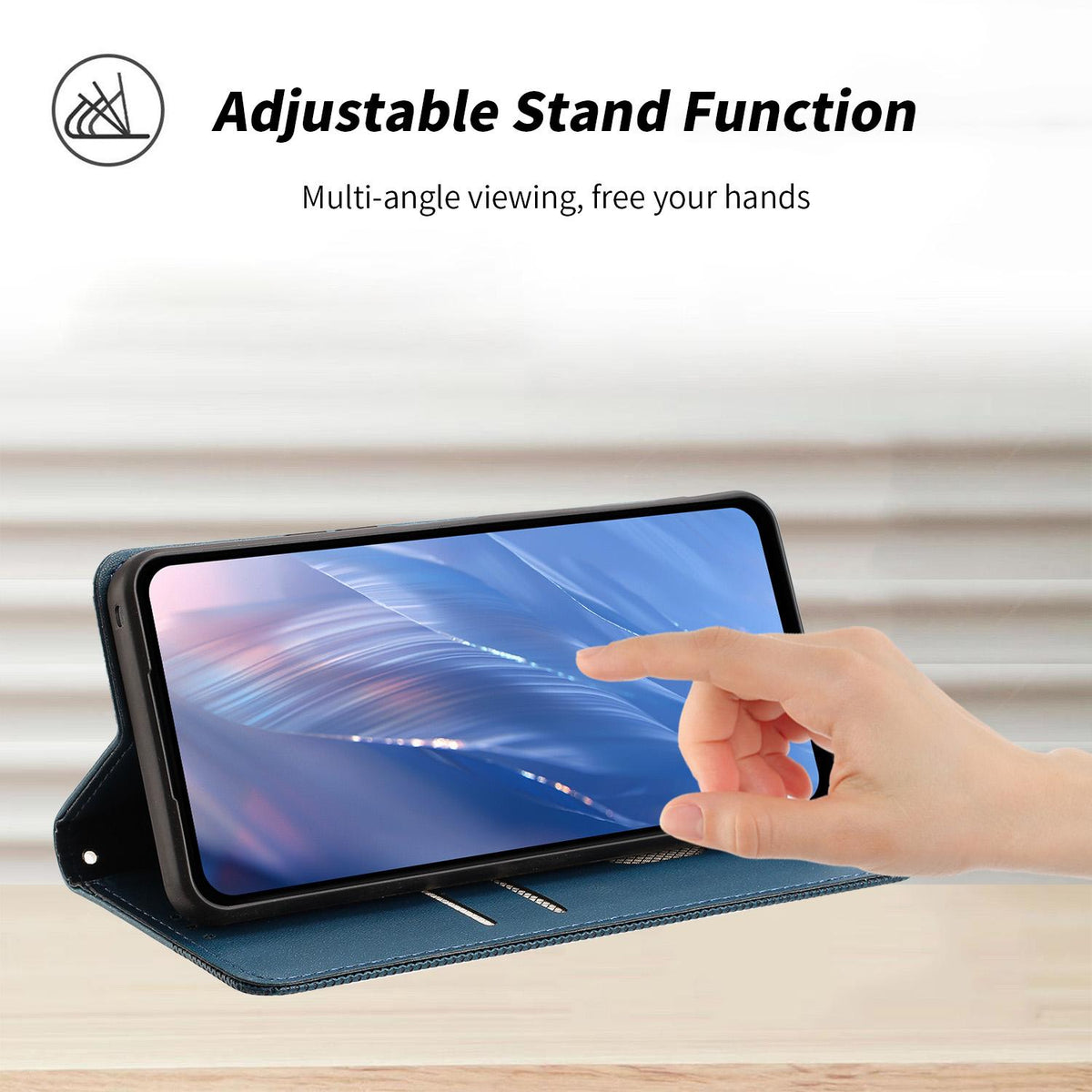 Compatible with iPhone 18 Pro Embossed Meander Pattern RFID Vegan Leather Phone Case - Dark Blue
