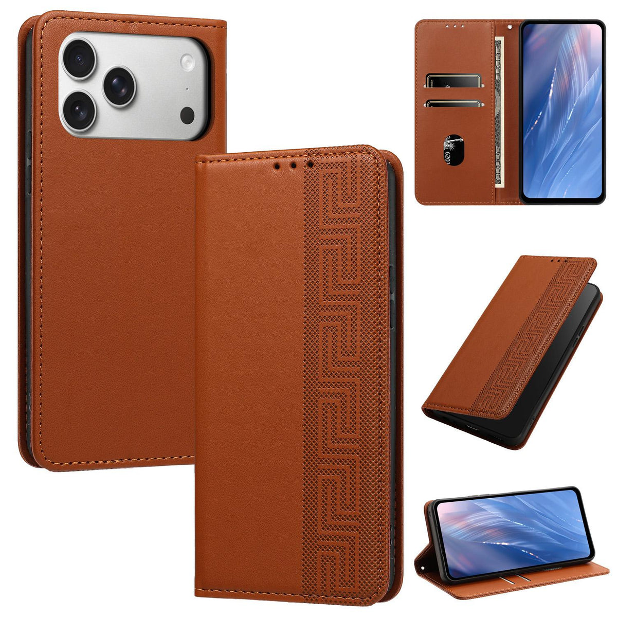 Compatible with iPhone 18 Pro Embossed Meander Pattern RFID Vegan Leather Phone Case - Brown
