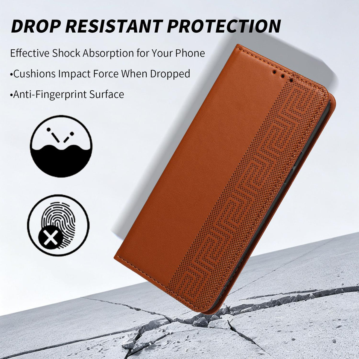 Compatible with iPhone 18 Pro Embossed Meander Pattern RFID Vegan Leather Phone Case - Brown