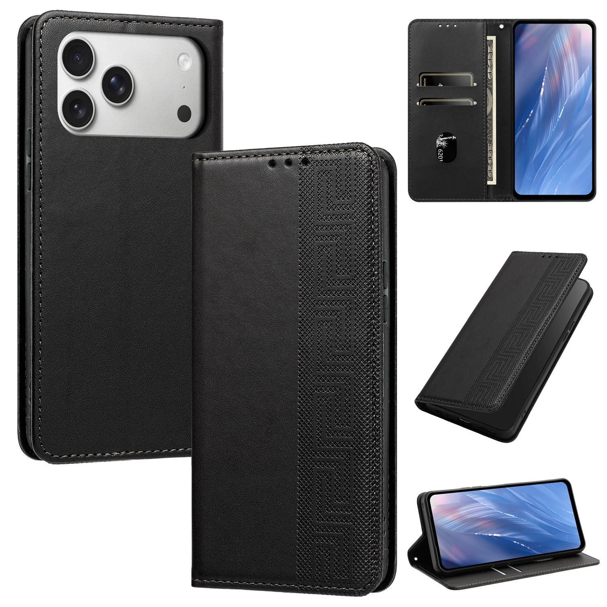 Compatible with iPhone 18 Pro Embossed Meander Pattern RFID Vegan Leather Phone Case - Black