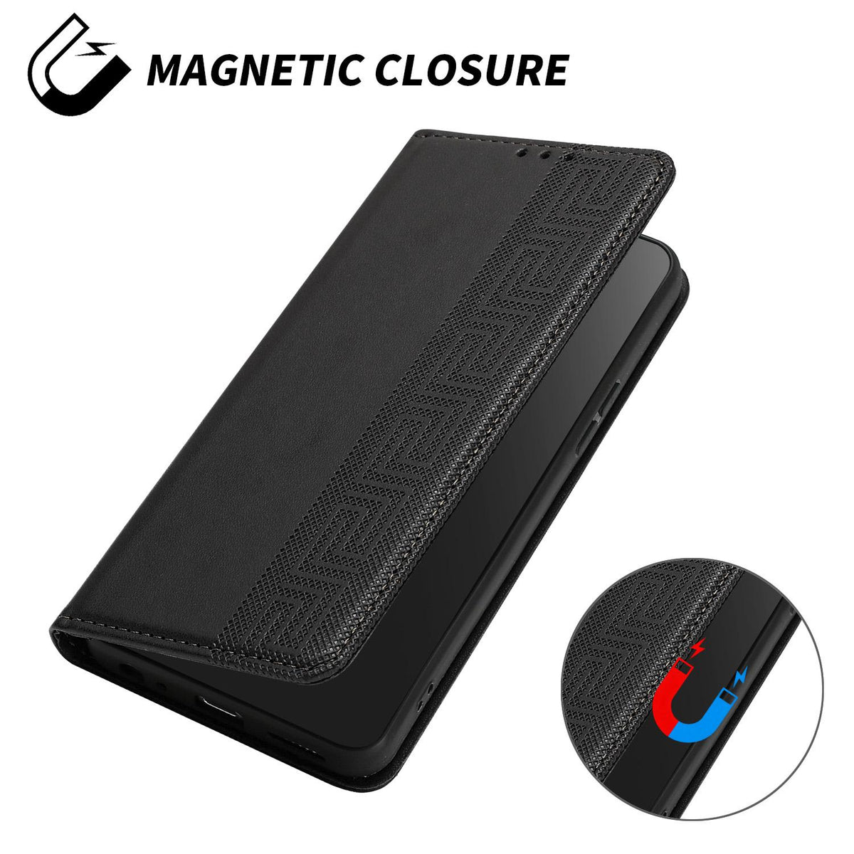 Compatible with iPhone 18 Pro Embossed Meander Pattern RFID Vegan Leather Phone Case - Black
