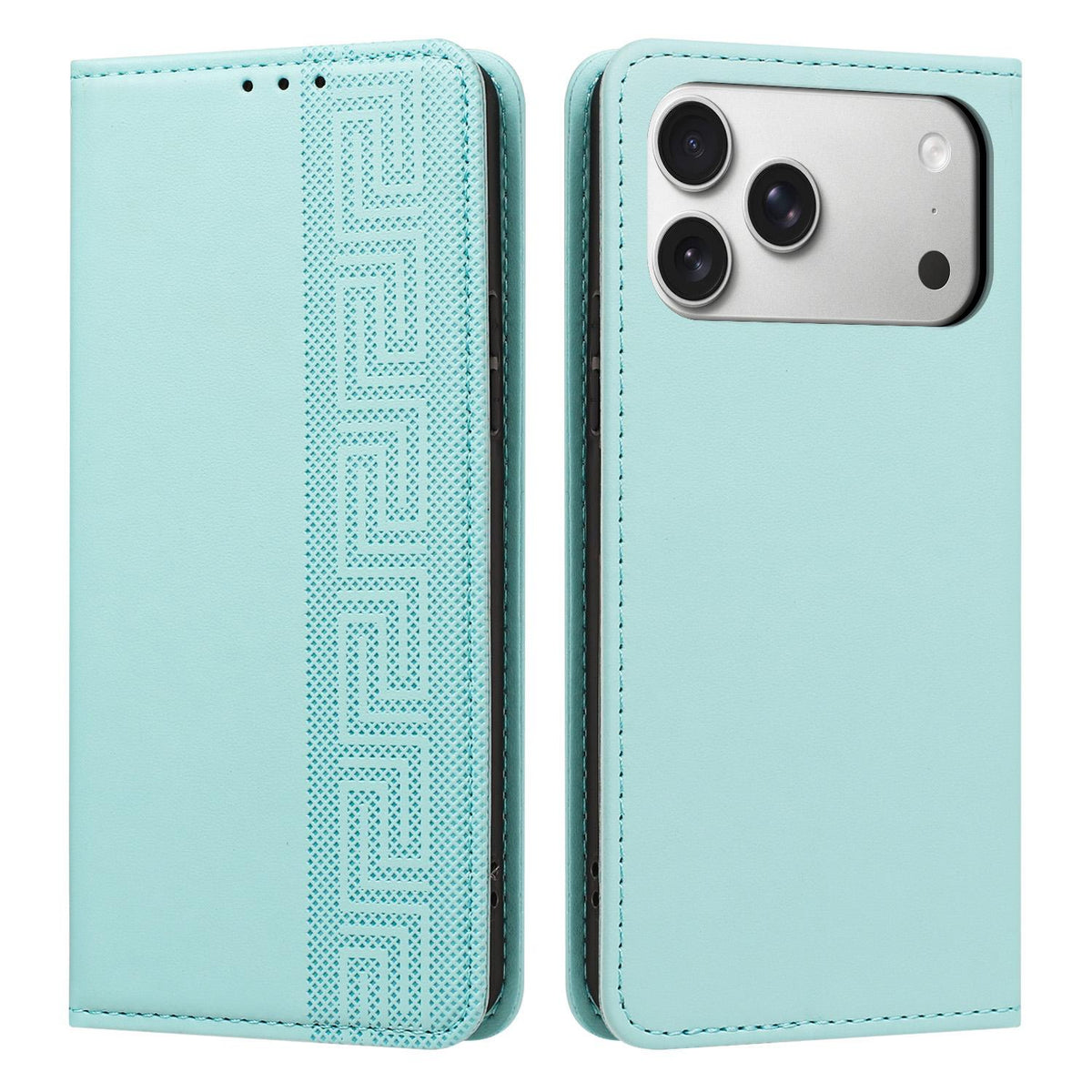 Compatible with iPhone 18 Pro Max Embossed Meander Pattern RFID Vegan Leather Phone Case - Mint Green